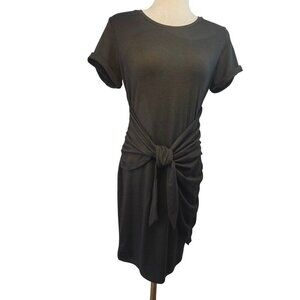 Lillusory Black Ruched Faux Wrap Dress Sz S Short Slv Poly Rayon Lightweight Kni